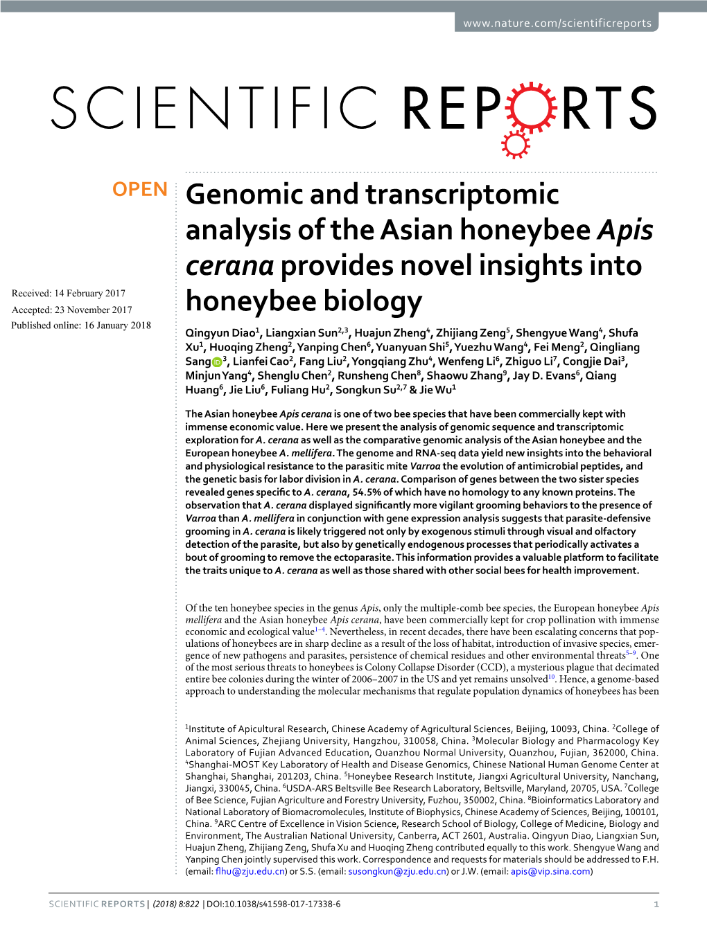 Genomic and Transcriptomic Analysis of the Asian Honeybee Apis Cerana