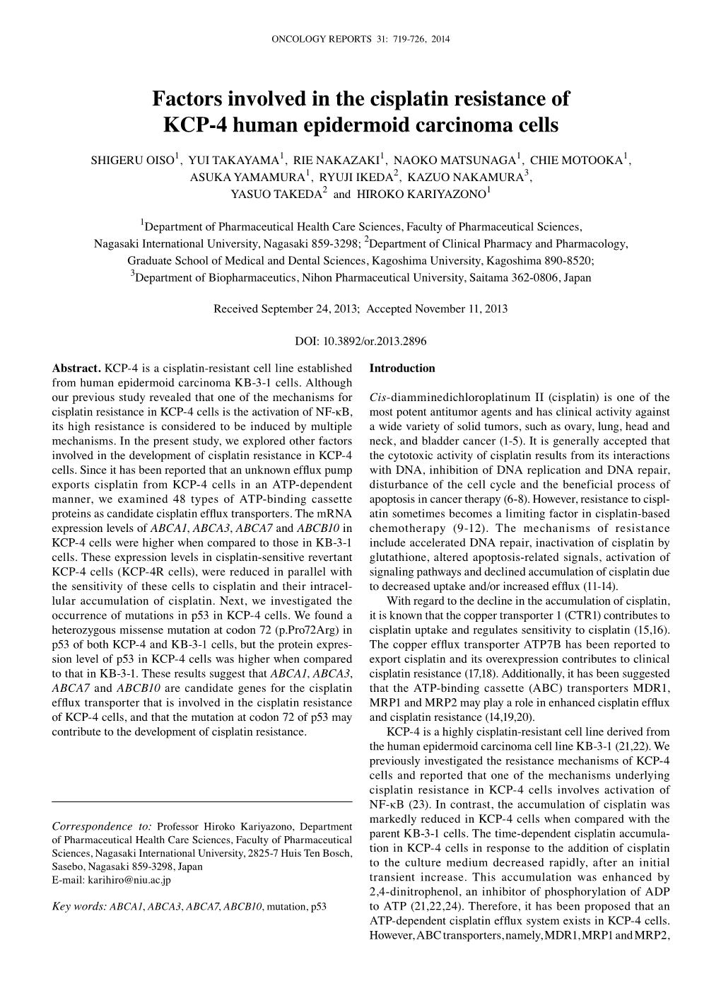 Factors Involved in the Cisplatin Resistance of KCP‑4 Human Epidermoid Carcinoma Cells