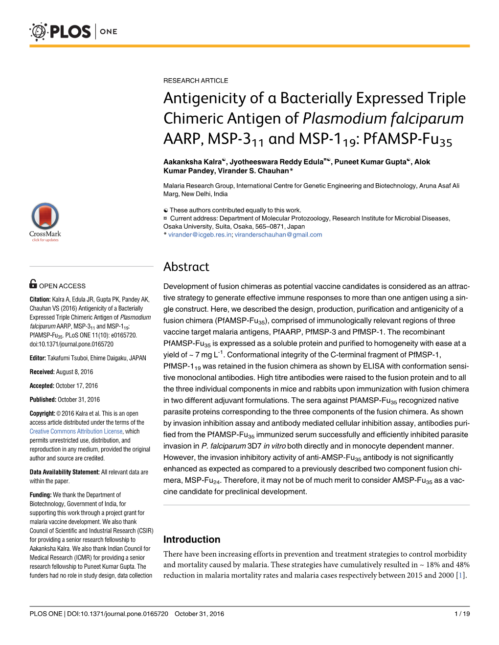 Antigenicity of a Bacterially Expressed Triple Chimeric Antigen of Plasmodium Falciparum