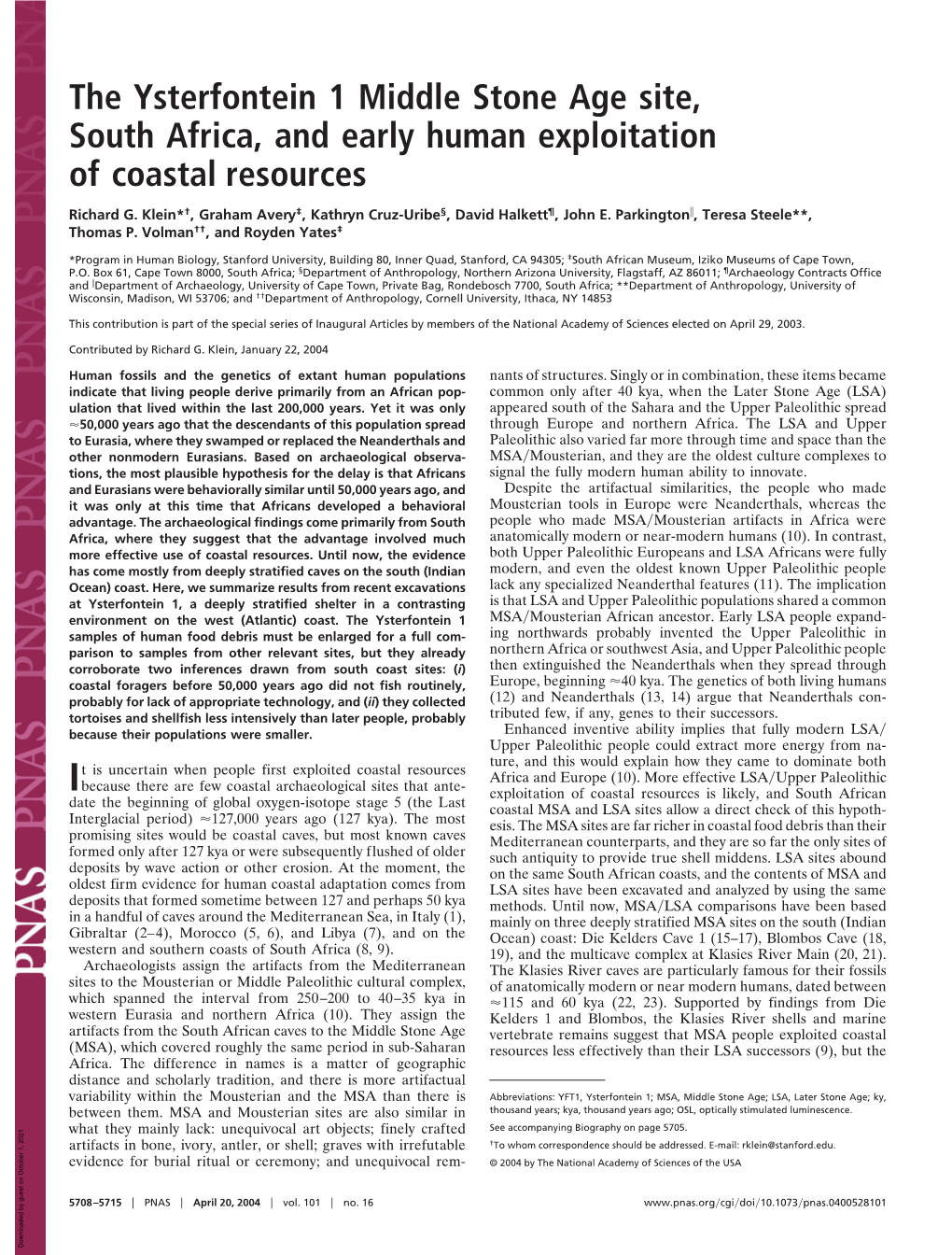 The Ysterfontein 1 Middle Stone Age Site, South Africa, and Early Human Exploitation of Coastal Resources