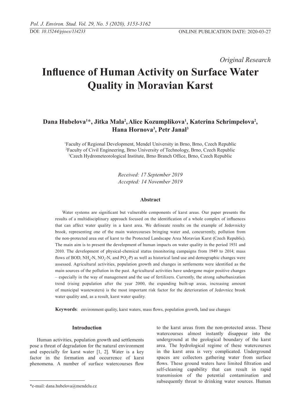 Influence of Human Activity on Surface Water Quality in Moravian Karst
