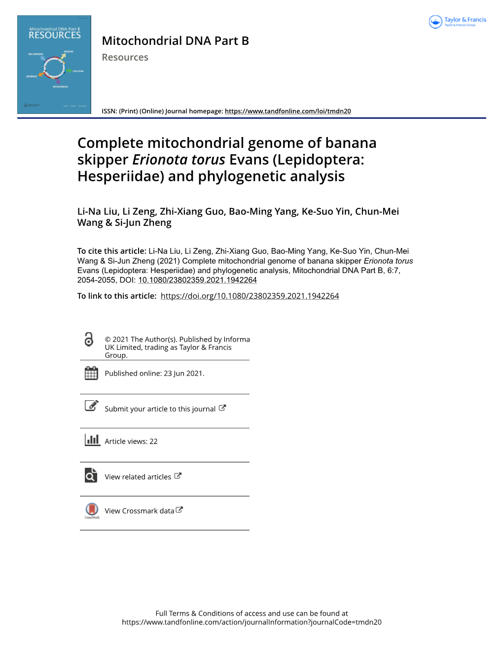 Complete Mitochondrial Genome of Banana Skipper Erionota Torus Evans (Lepidoptera: Hesperiidae) and Phylogenetic Analysis