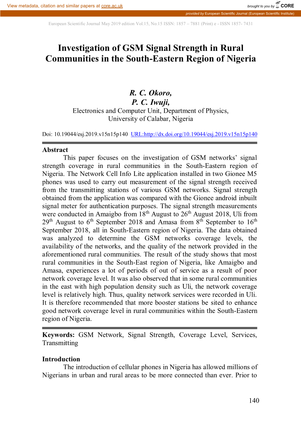 Investigation of GSM Signal Strength in Rural Communities in the South-Eastern Region of Nigeria