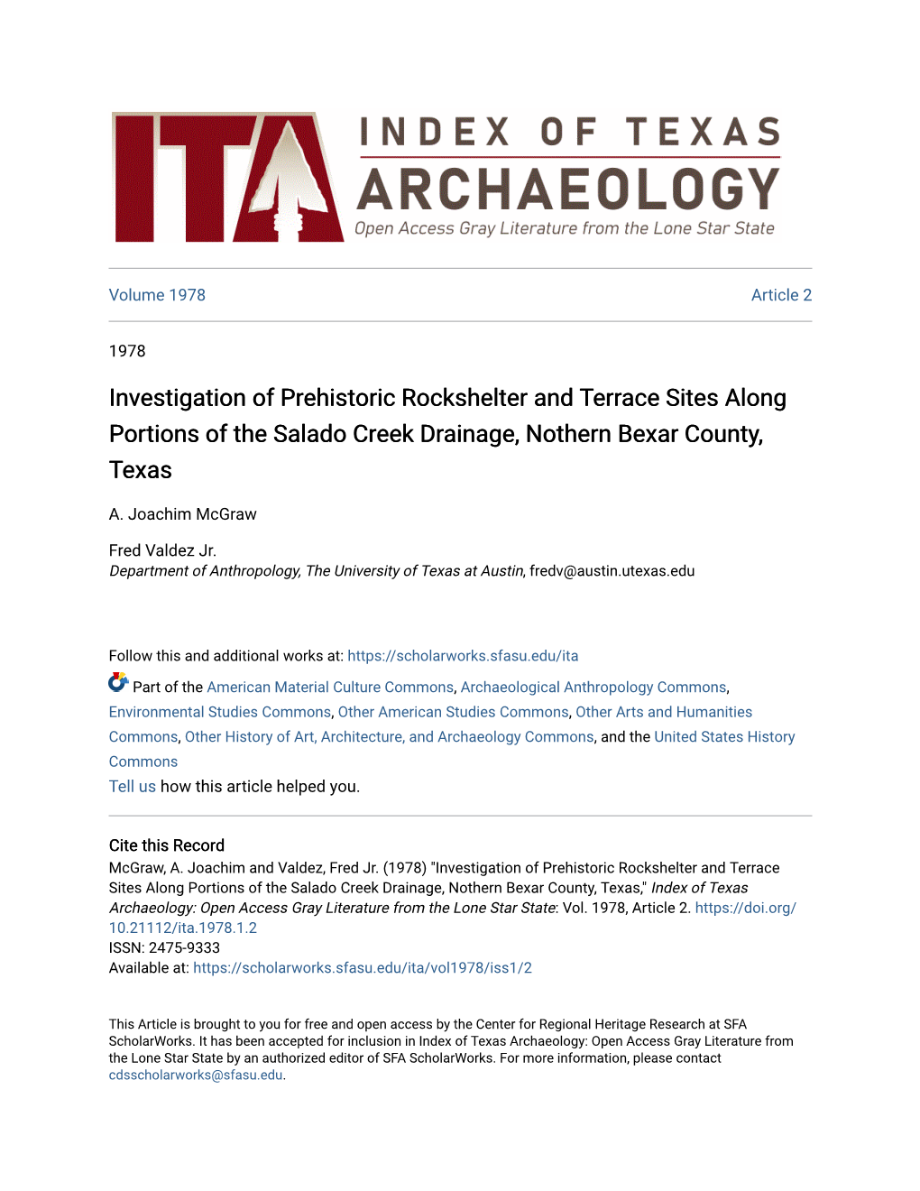 Investigation of Prehistoric Rockshelter and Terrace Sites Along Portions of the Salado Creek Drainage, Nothern Bexar County, Texas