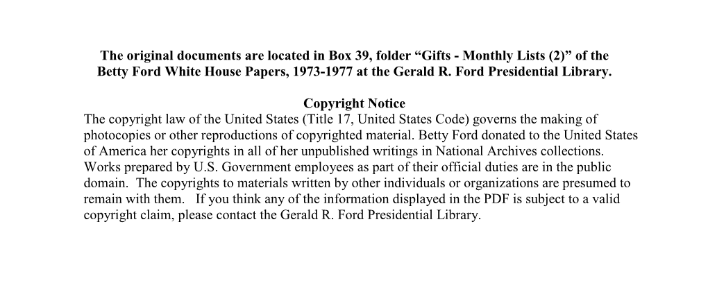 Gifts - Monthly Lists (2)” of the Betty Ford White House Papers, 1973-1977 at the Gerald R