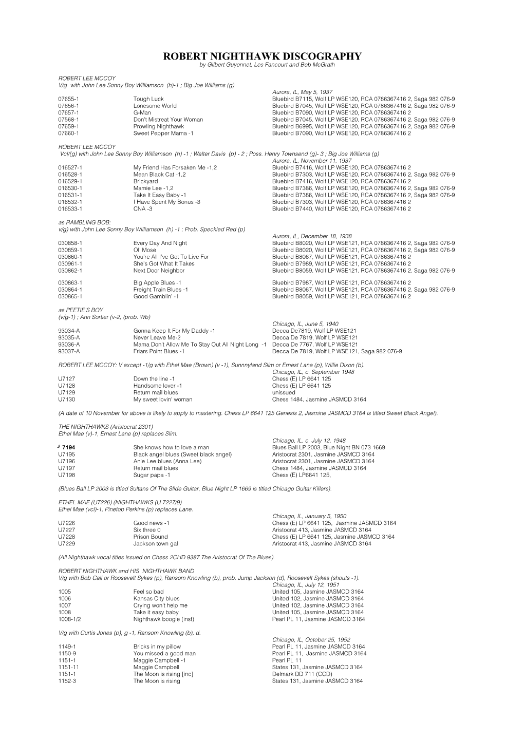 ROBERT NIGHTHAWK DISCOGRAPHY by Gilbert Guyonnet, Les Fancourt and Bob Mcgrath