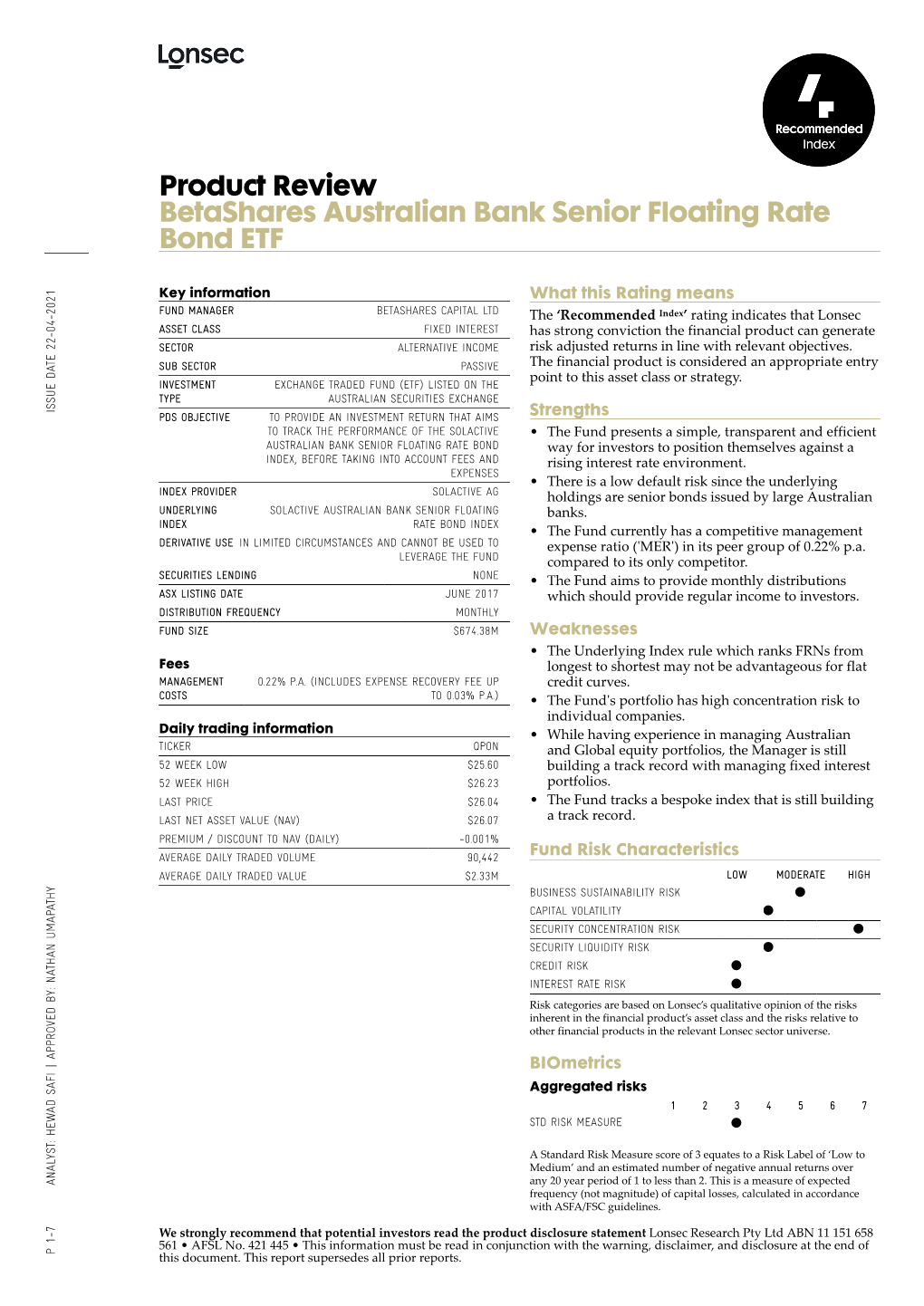 Product Review Betashares Australian Bank Senior Floating Rate Bond ETF