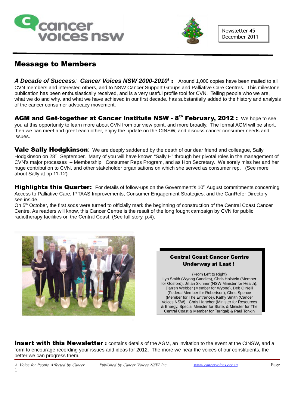 CANCER VOICES NSW NEWSLETTER – December 2011