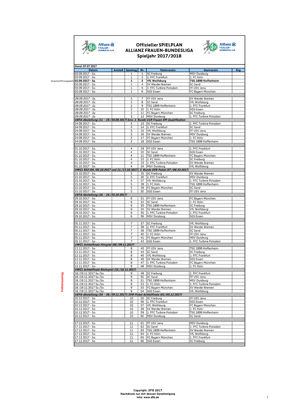 Offizieller Spielplan Allianz FBL 17-18