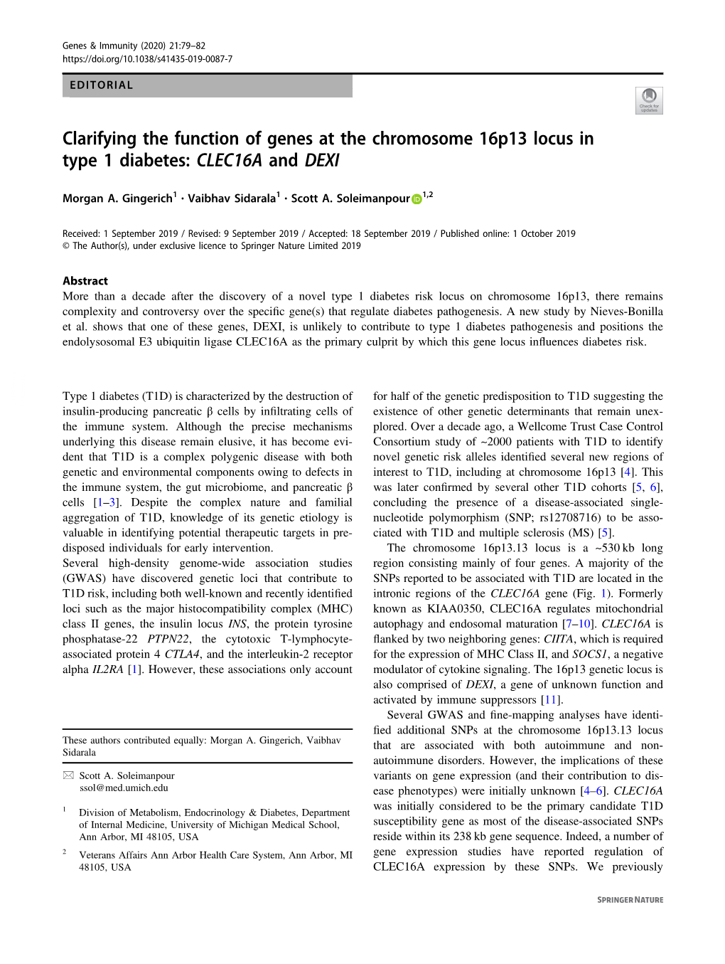 Clarifying the Function of Genes at the Chromosome 16P13 Locus in Type 1 Diabetes: CLEC16A and DEXI