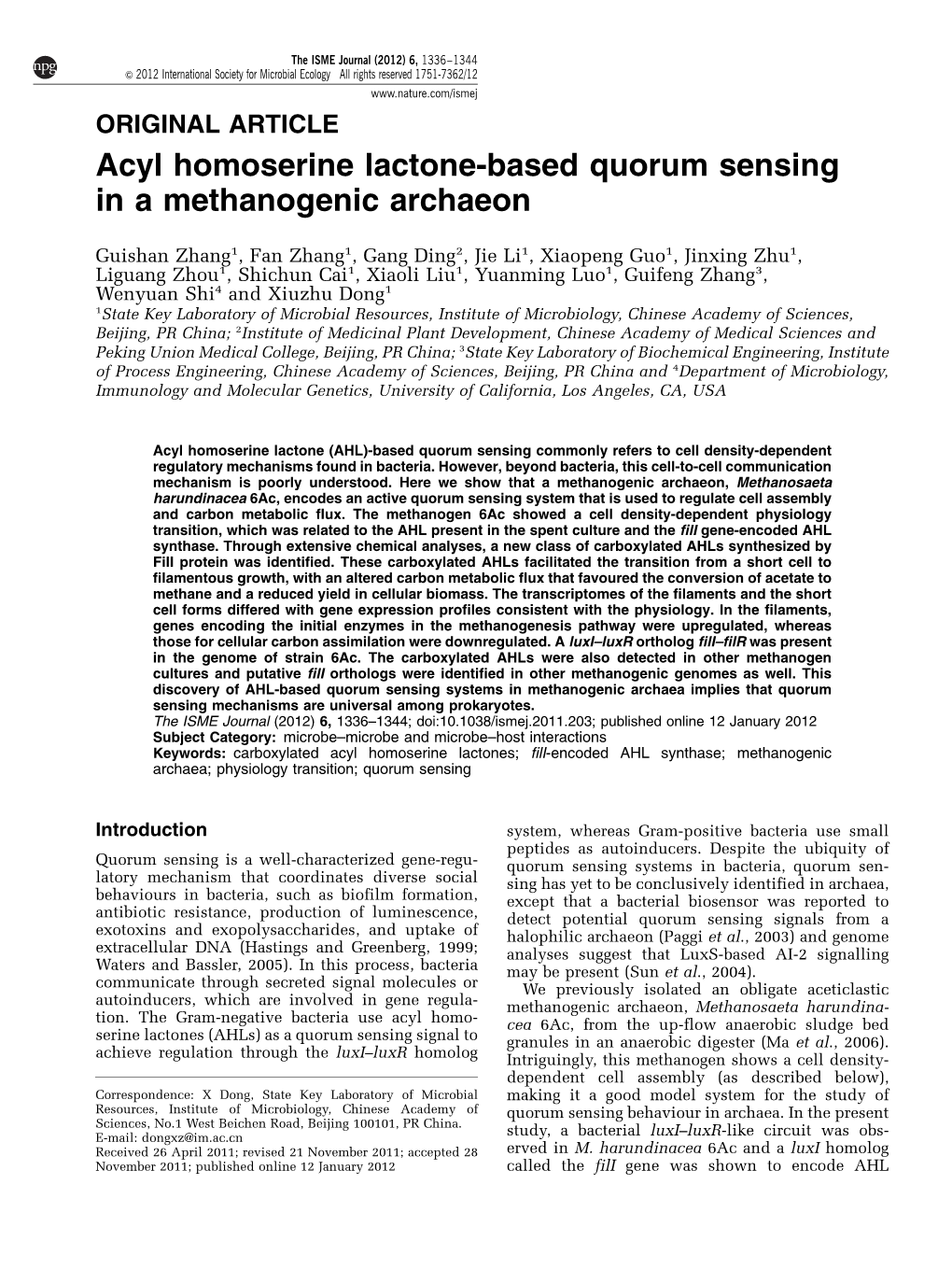 Acyl Homoserine Lactone-Based Quorum Sensing in a Methanogenic Archaeon