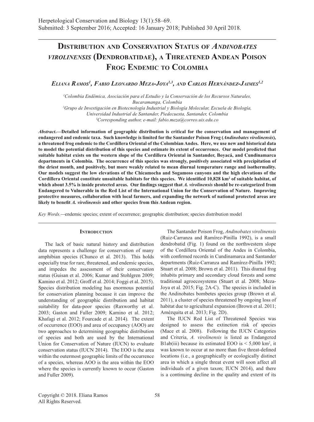 Distribution and Conservation Status of Andinobates Virolinensis (Dendrobatidae), a Threatened Andean Poison Frog Endemic to Colombia