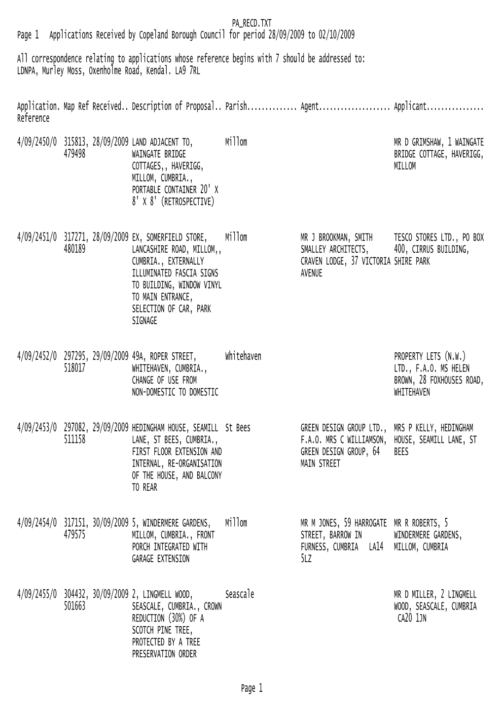 PA RECD.TXT Page 1 Applications Received by Copeland Borough Council for Period 28/09/2009 to 02/10/2009