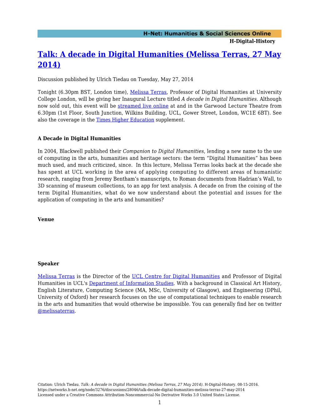 A Decade in Digital Humanities (Melissa Terras, 27 May 2014)