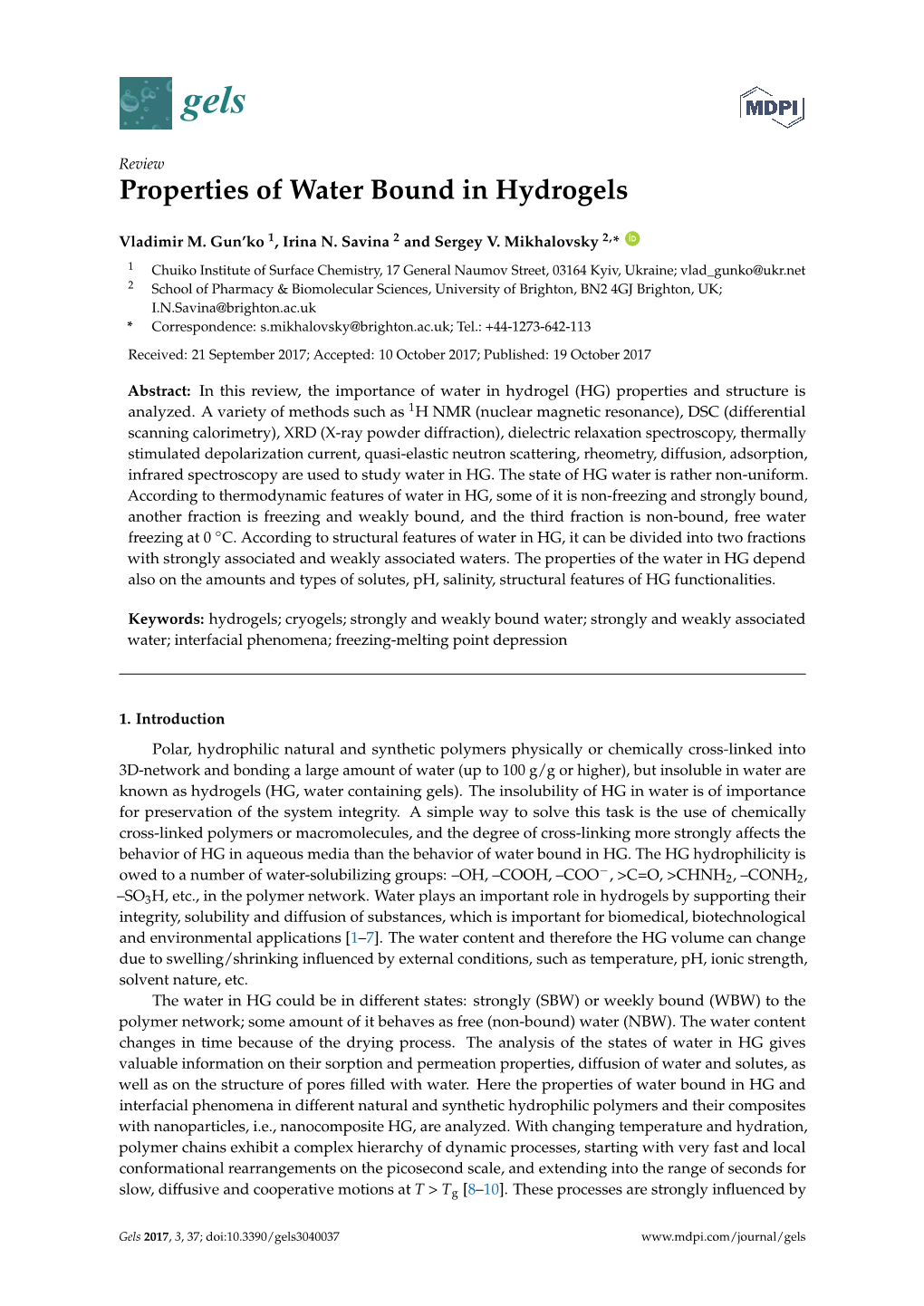 Properties of Water Bound in Hydrogels