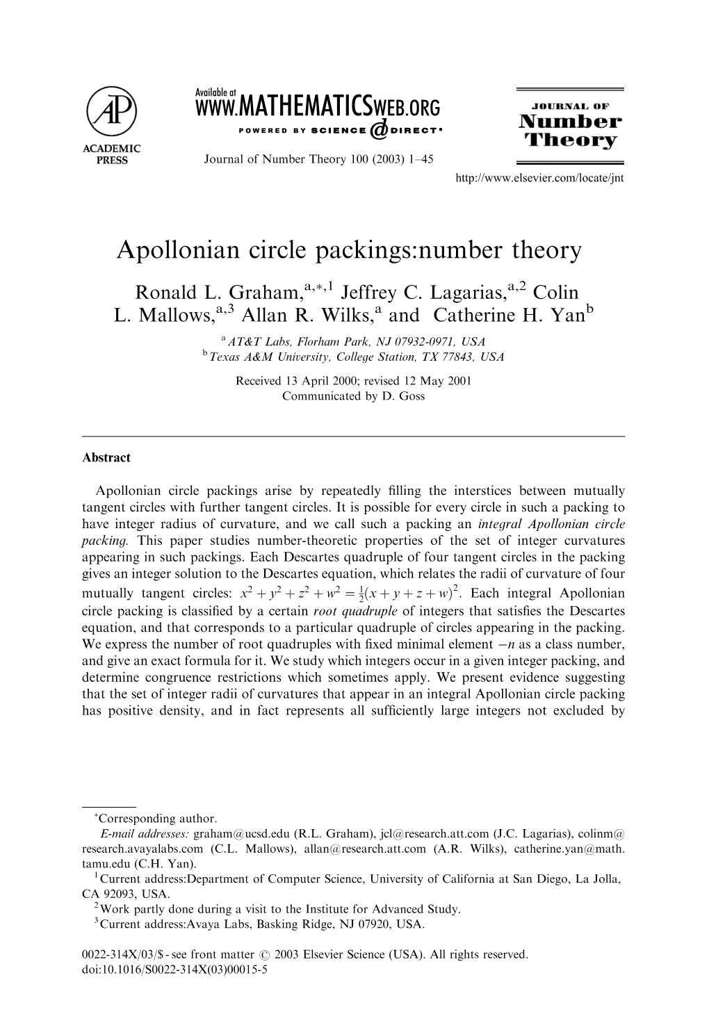 Apollonian Circle Packings:Number Theory