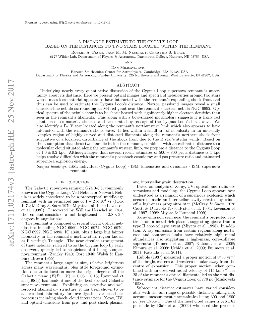 A DISTANCE ESTIMATE to the CYGNUS LOOP BASED on the DISTANCES to TWO STARS LOCATED WITHIN the REMNANT Robert A