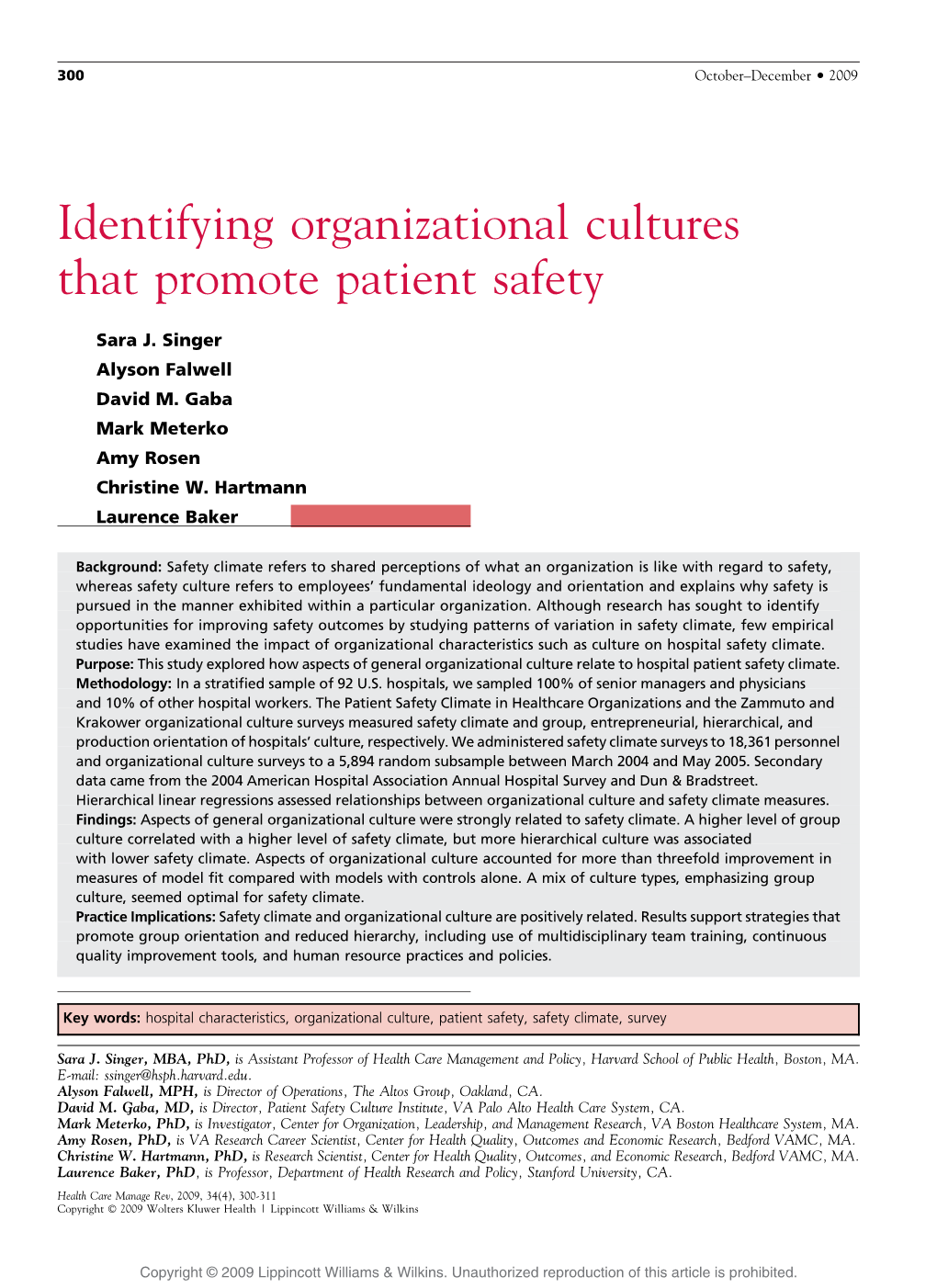 Identifying Organizational Cultures That Promote Patient Safety