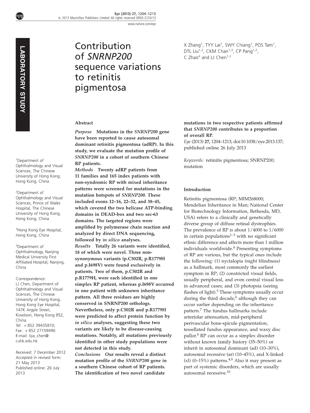 Contribution of SNRNP200 Sequence Variations to Retinitis Pigmentosa