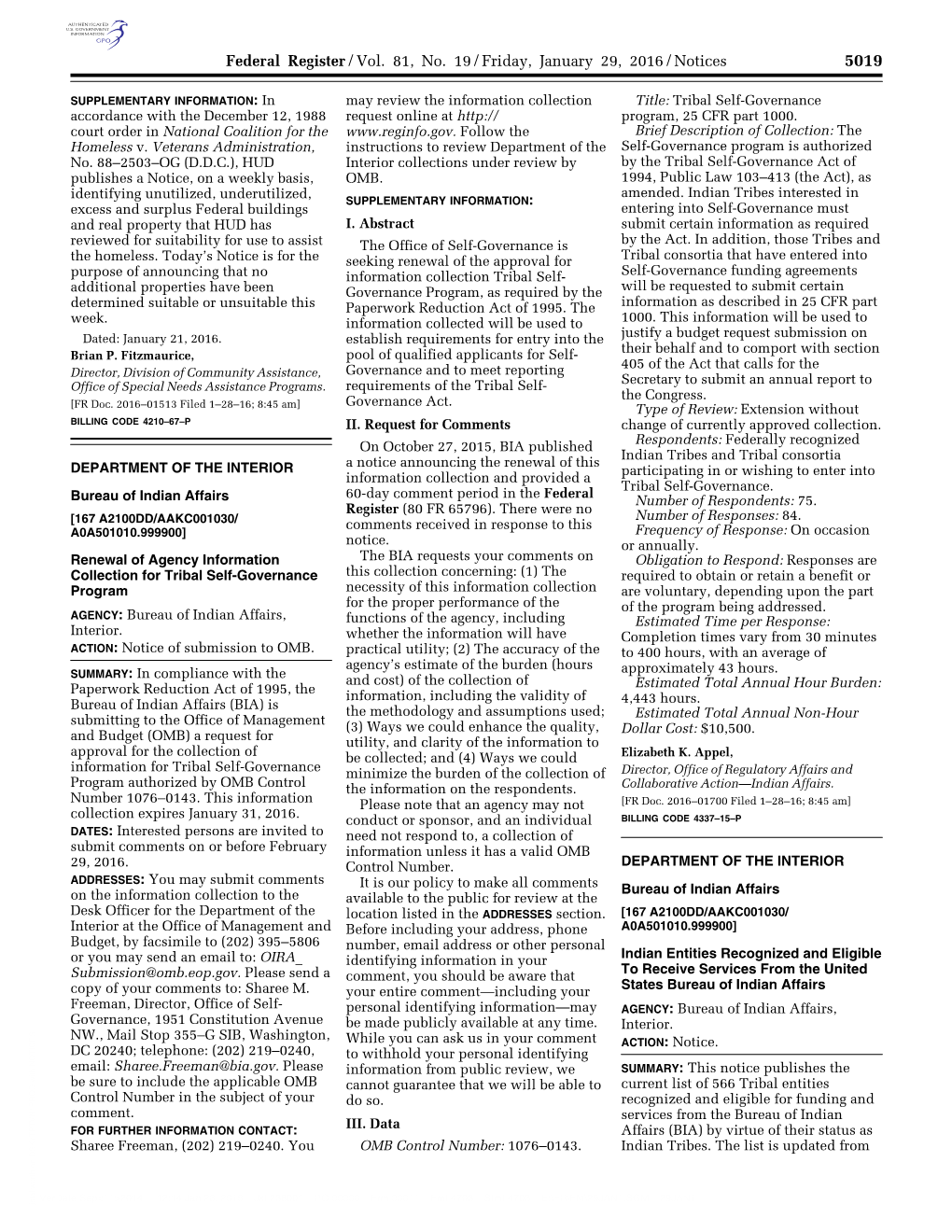 Federal Register/Vol. 81, No. 19/Friday, January 29, 2016/Notices