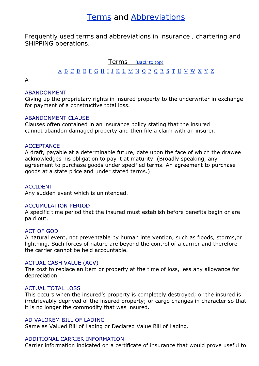 Frequently Used Terms and Abbreviations in Insurance , Chartering and SHIPPING Operations