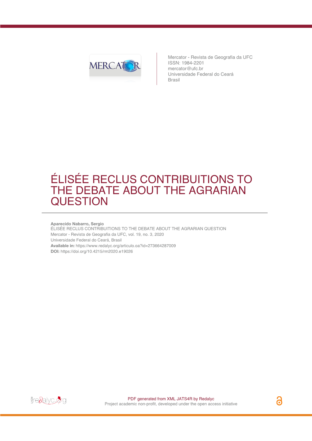 Élisée Reclus Contribuitions to the Debate About the Agrarian Question