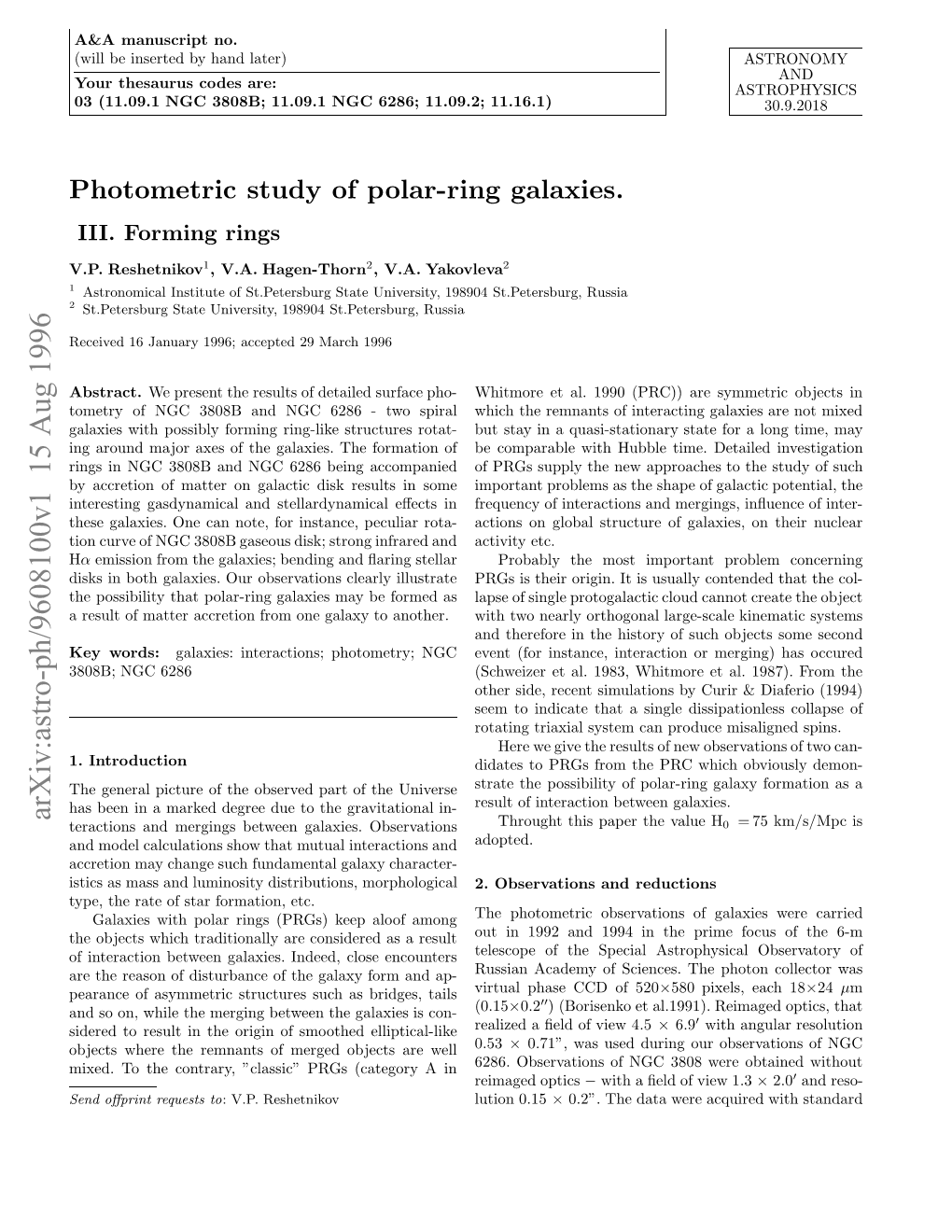 Photometric Study of Polar-Ring Galaxies. III. Forming Rings