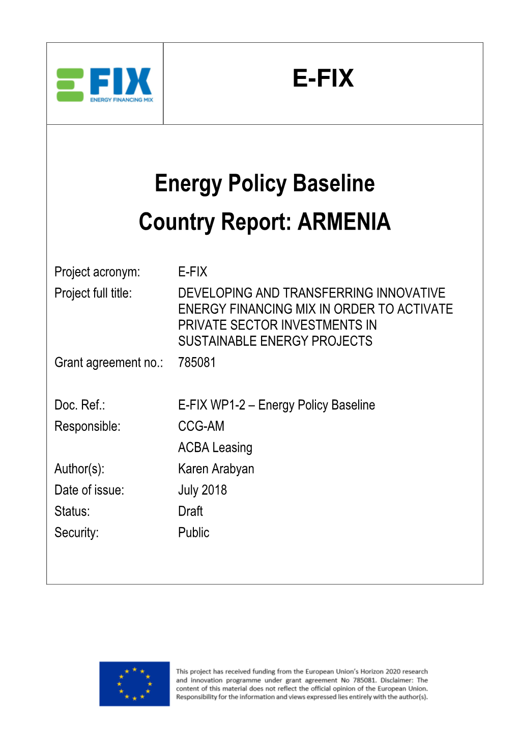 E-FIX Energy Policy Baseline Country Report: ARMENIA