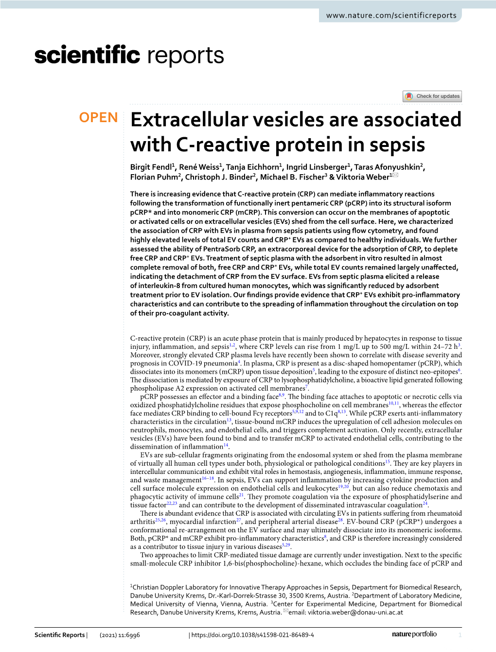 Extracellular Vesicles Are Associated with C-Reactive Protein in Sepsis