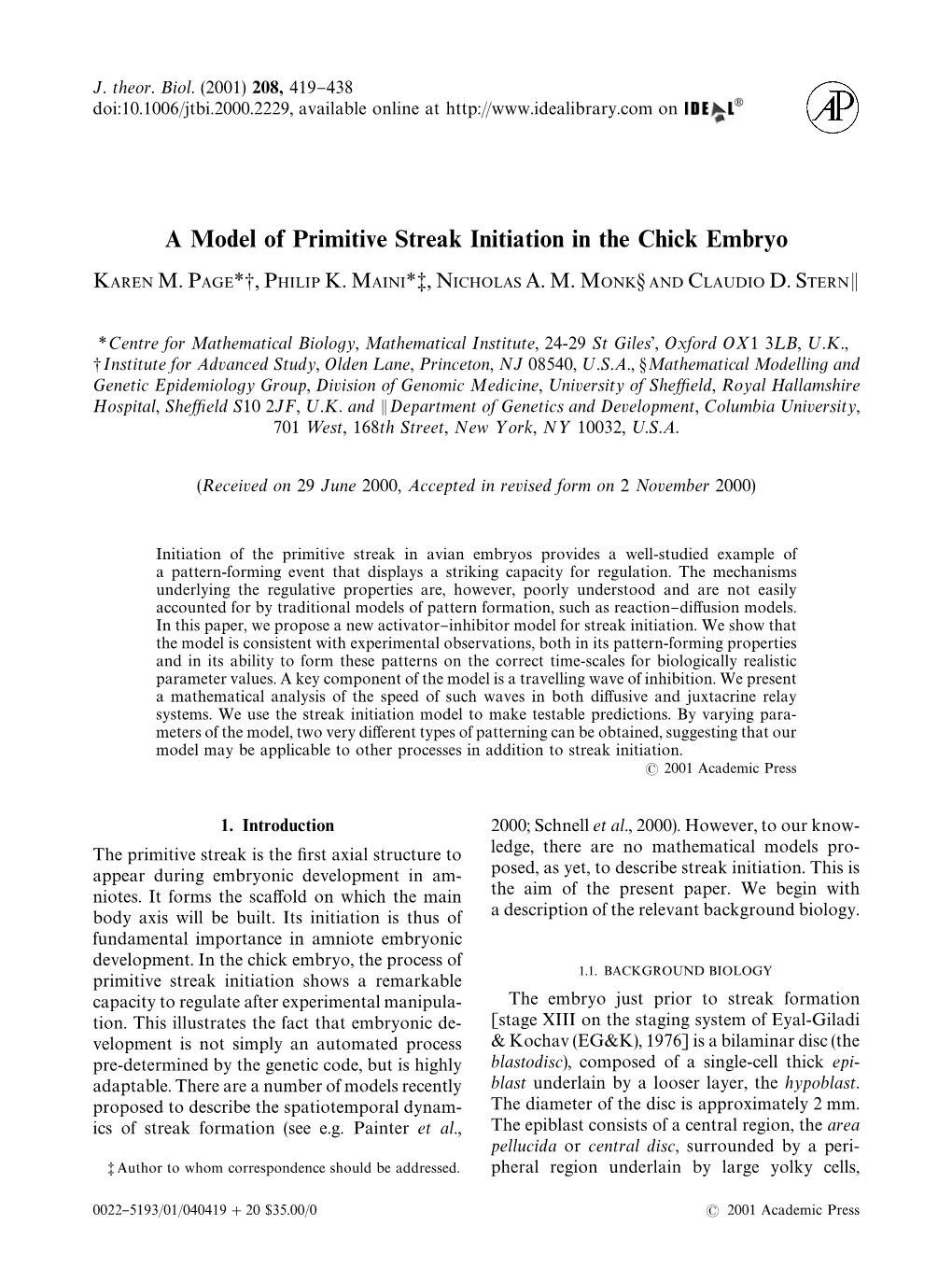 A Model of Primitive Streak Initiation in the Chick Embryo