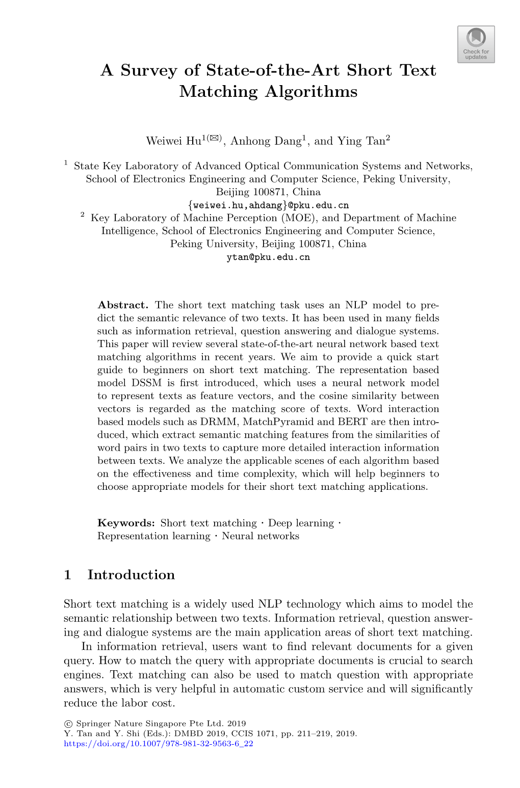 A Survey of State-Of-The-Art Short Text Matching Algorithms