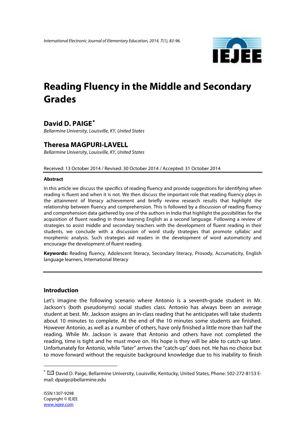 Reading Fluency in the Middle and Secondary Grades