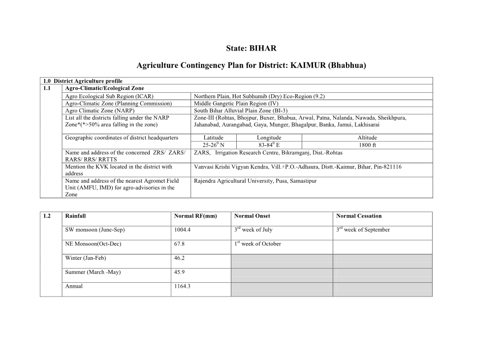 State: BIHAR Agriculture Contingency Plan for District: KAIMUR (Bhabhua)