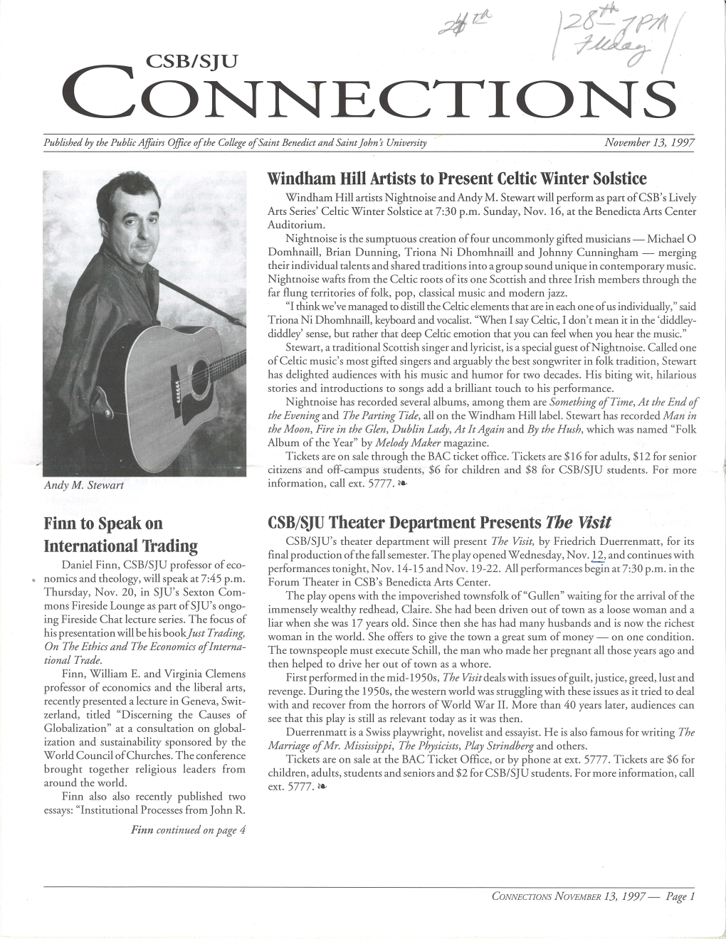 CONNECTIONS Published by the Public Affairs Office A/The College A/Saint Benedict and Saint John's University November 13, 1997