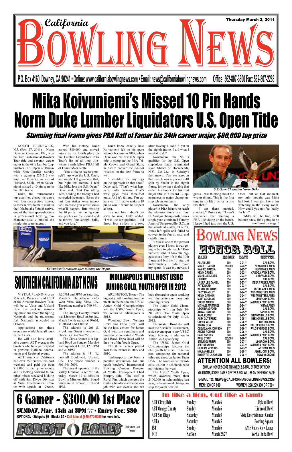 Mika Koivuniemi's Missed 10 Pin Hands Norm Duke Lumber