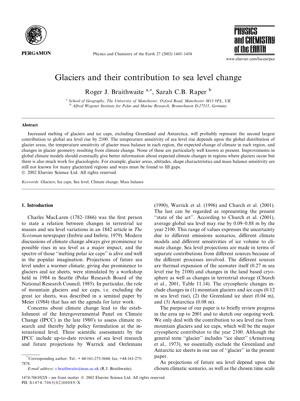 Glaciers and Their Contribution to Sea Level Change