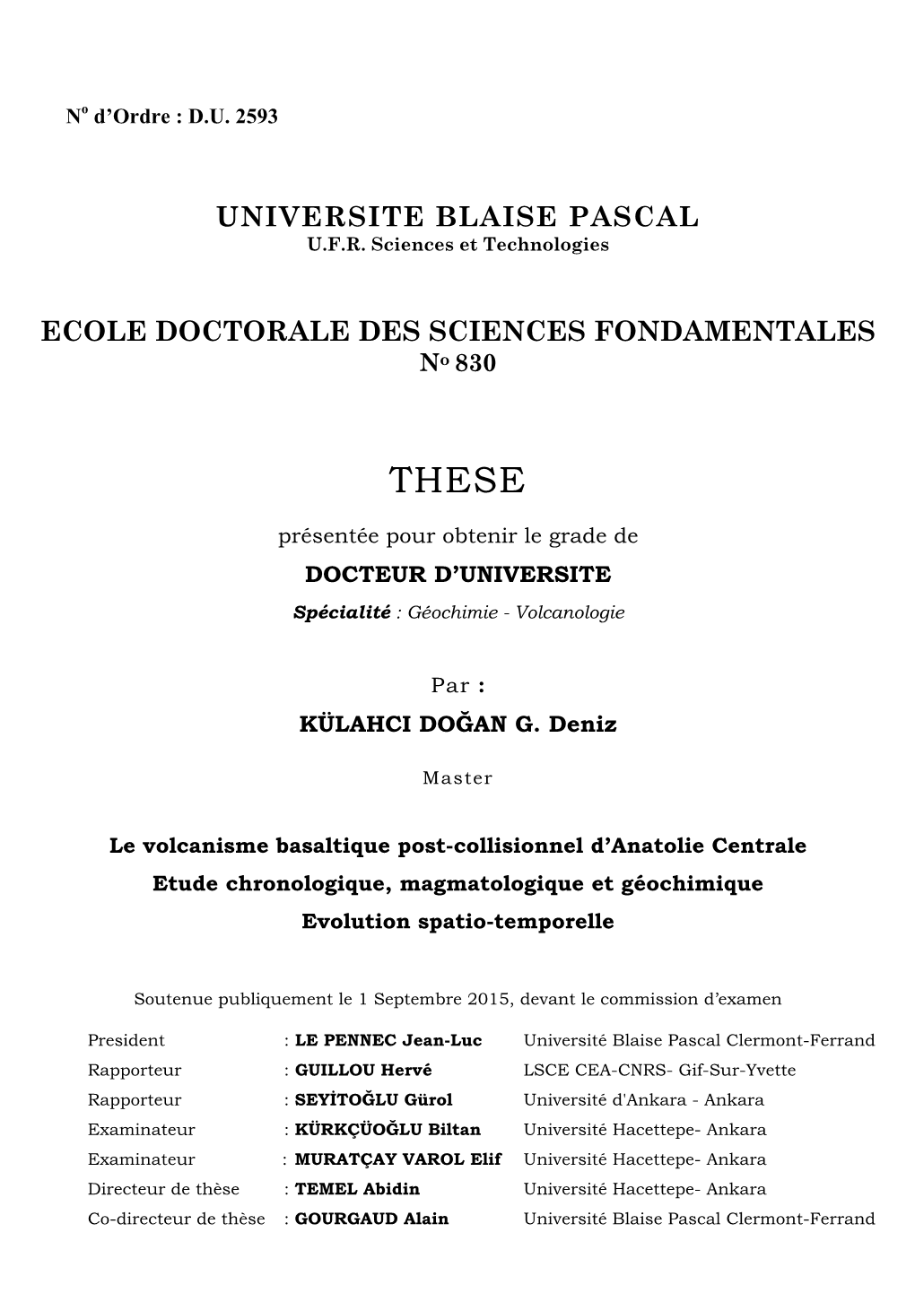 Universite Blaise Pascal Ecole Doctorale Des