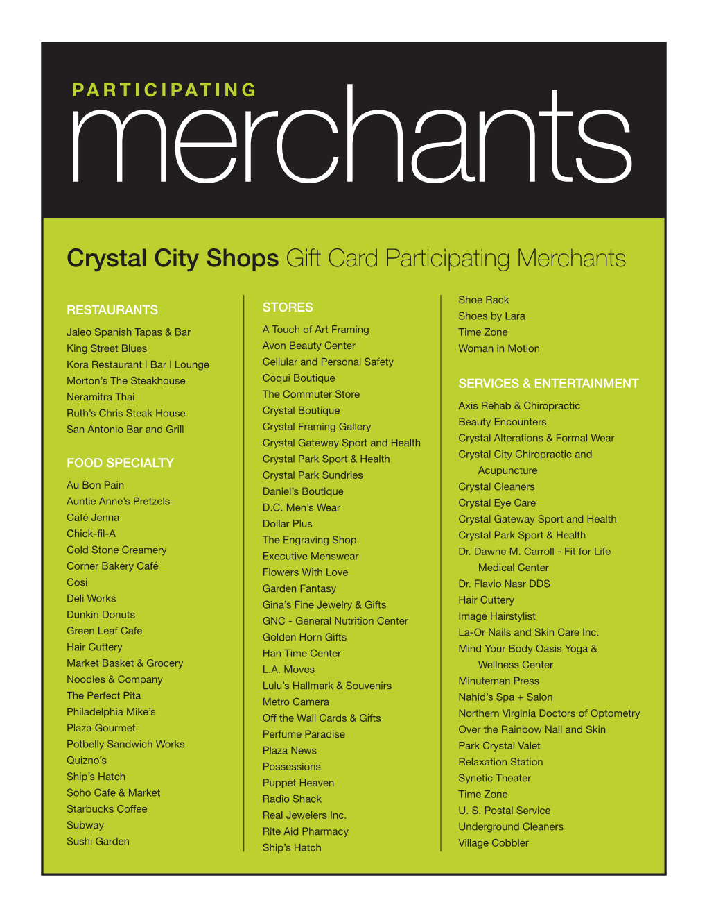 Crystal City Shops Gift Card Participating Merchants