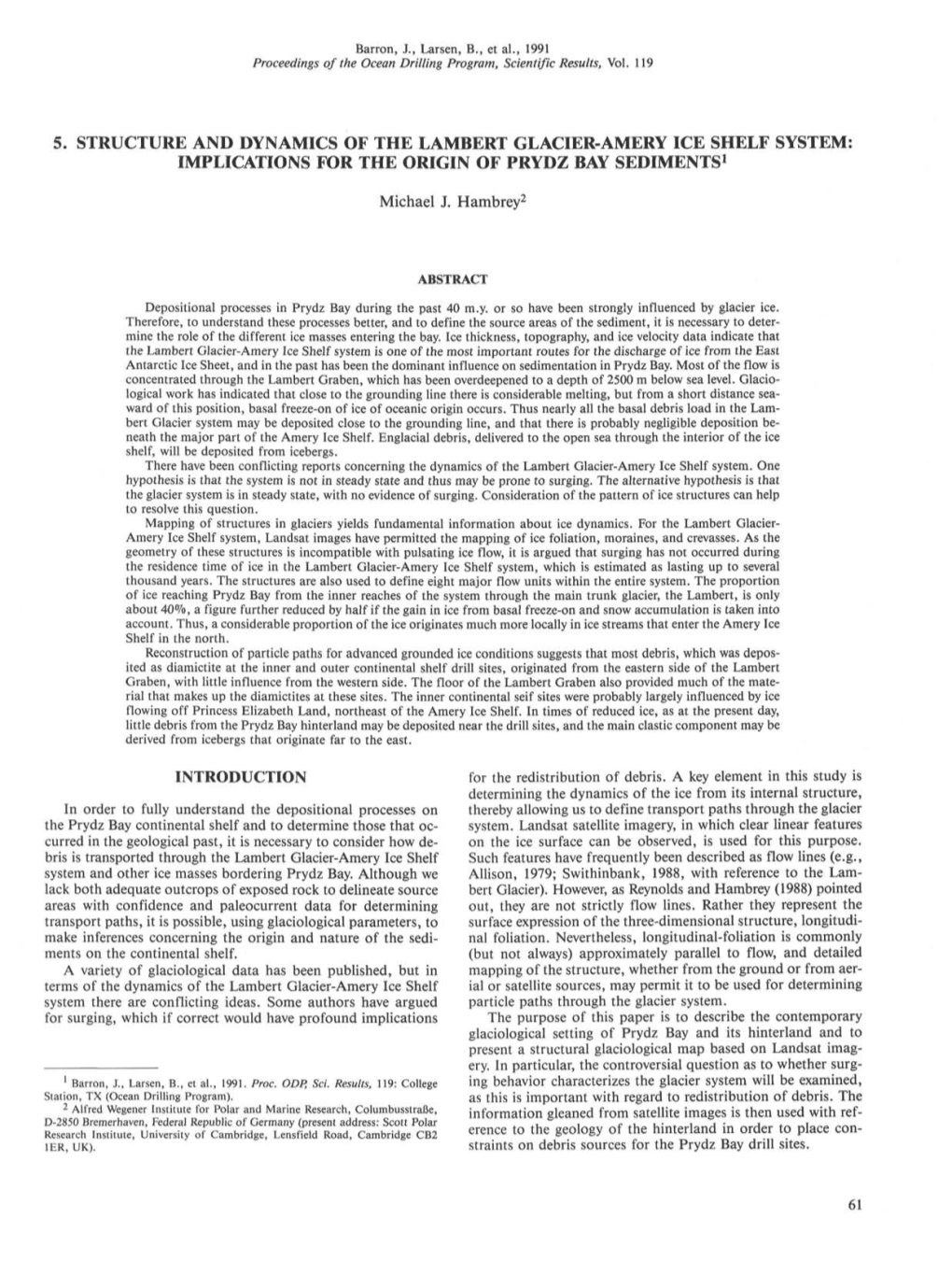 5. Structure and Dynamics of the Lambert Glacier-Amery Ice Shelf System: Implications for the Origin of Prydz Bay Sediments1