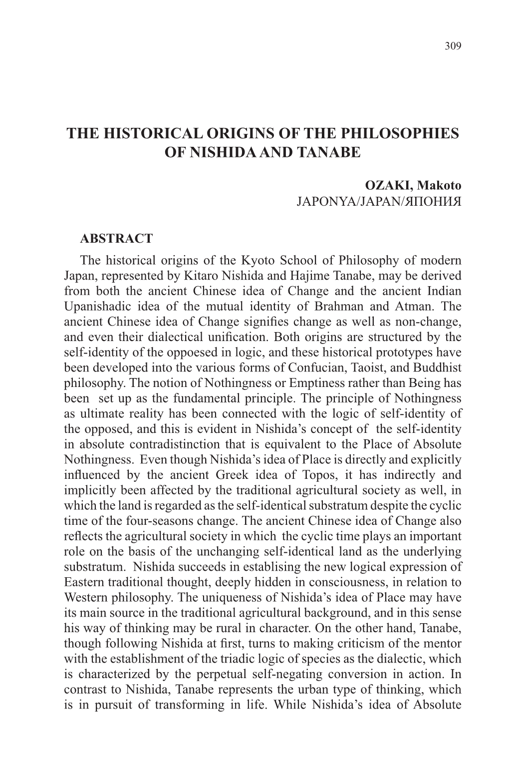 The Historical Origins of the Philosophies of Nishida and Tanabe