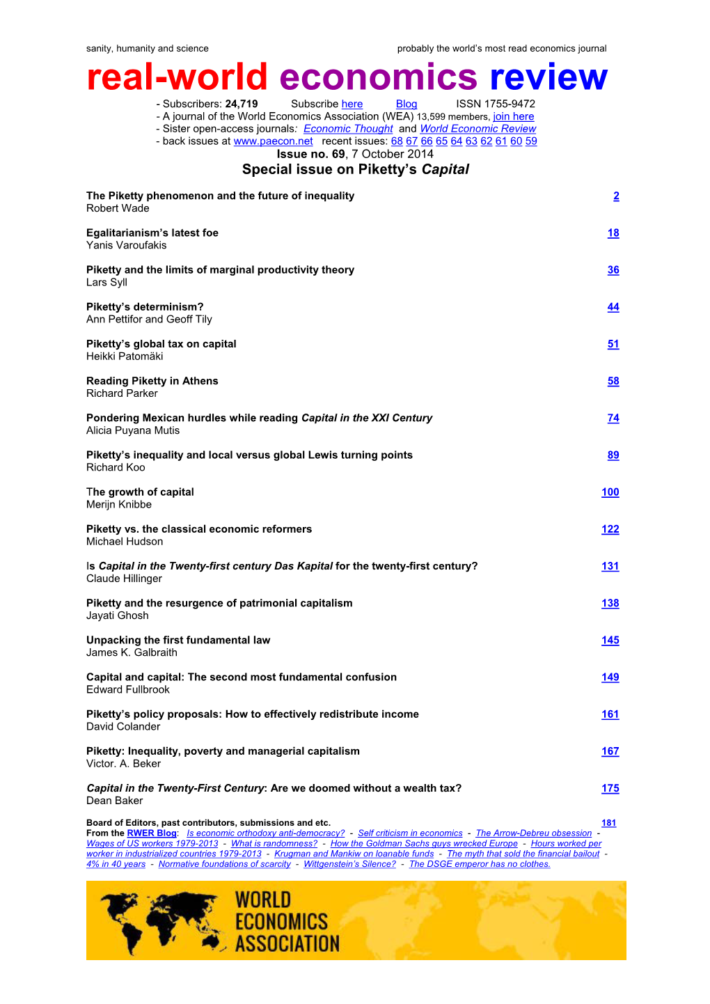 69, 7 October 2014 Special Issue on Piketty’S Capital