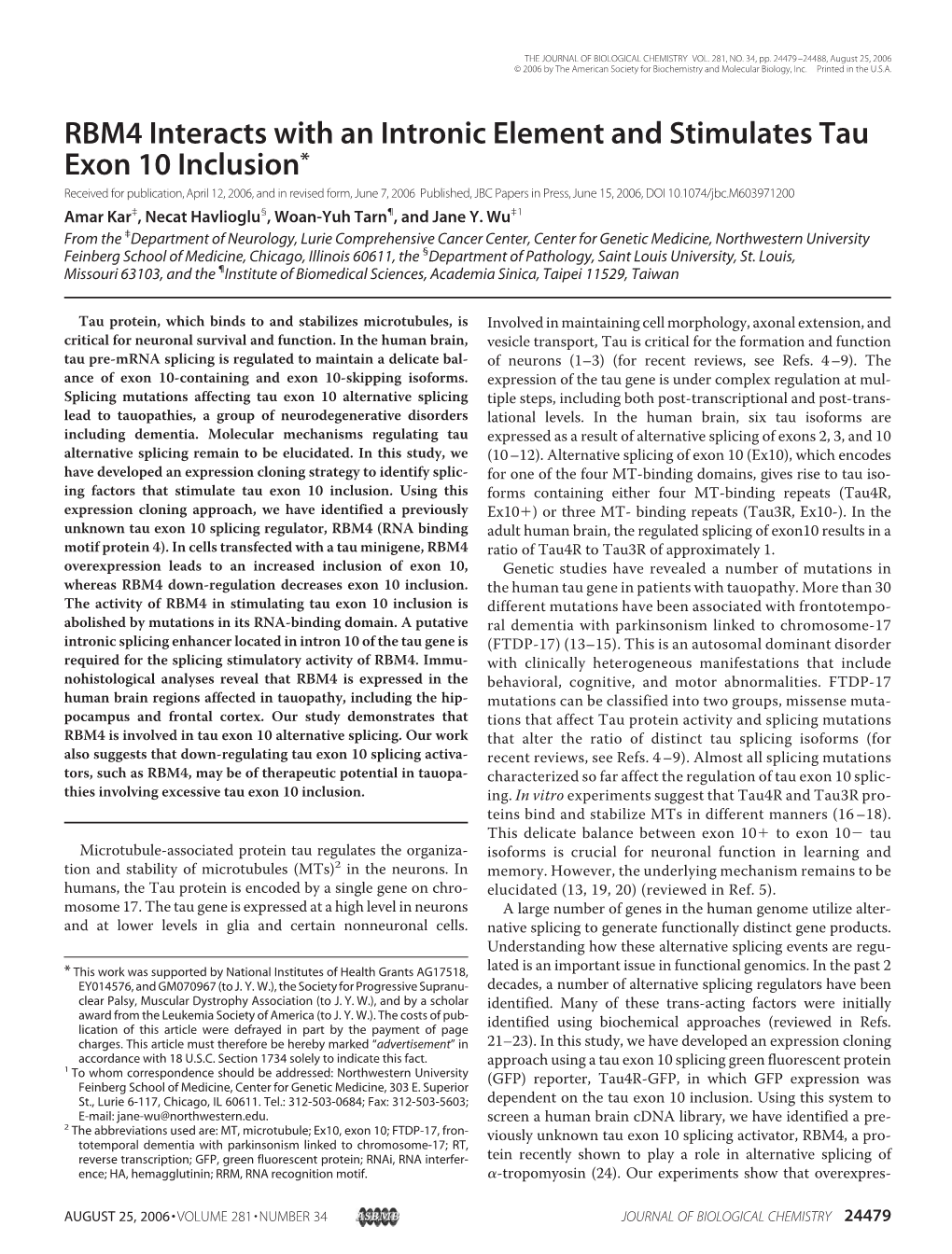 RBM4 Interacts with an Intronic Element and Stimulates Tau Exon