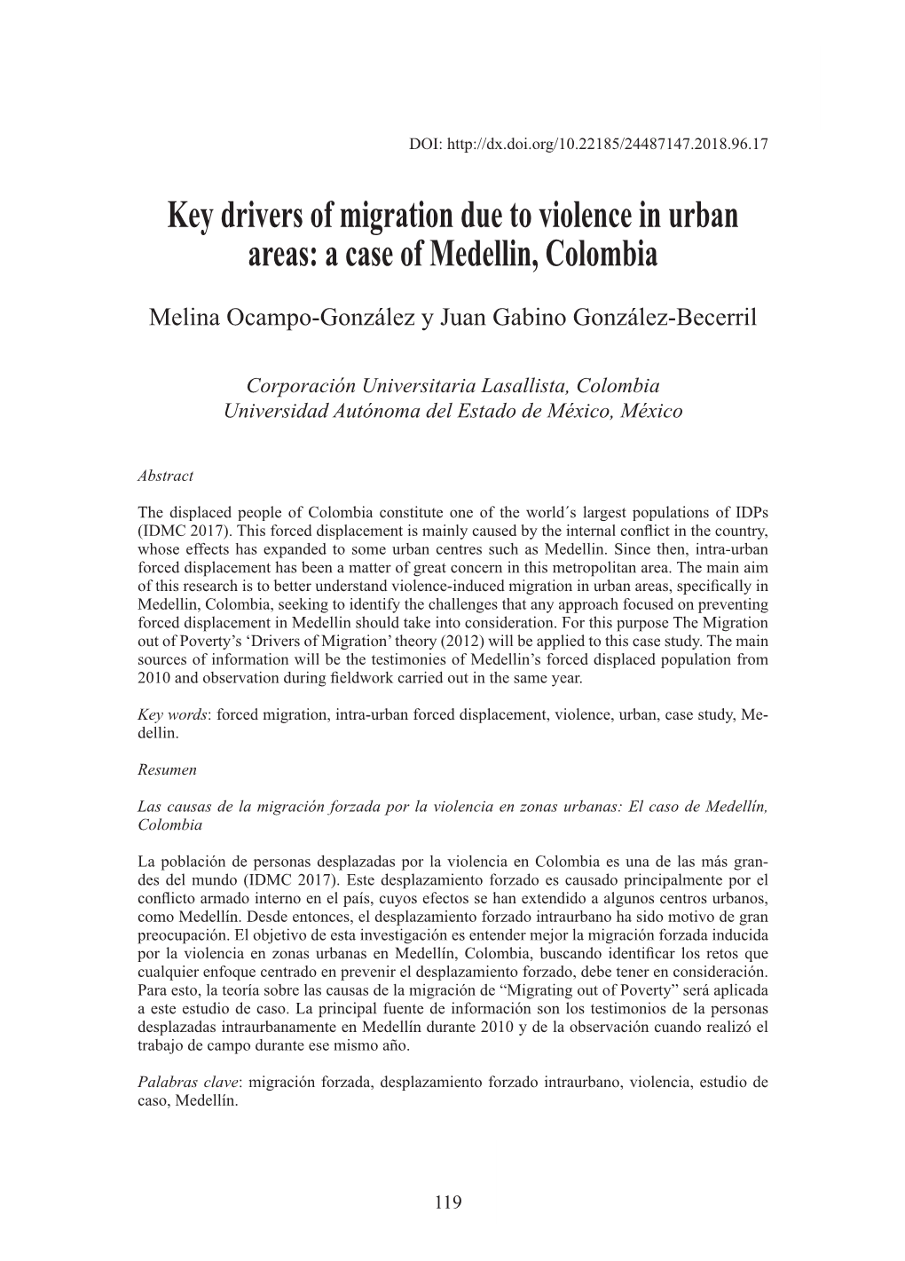 Key Drivers of Migration Due to Violence in Urban Areas: a Case of Medellin, Colombia / M