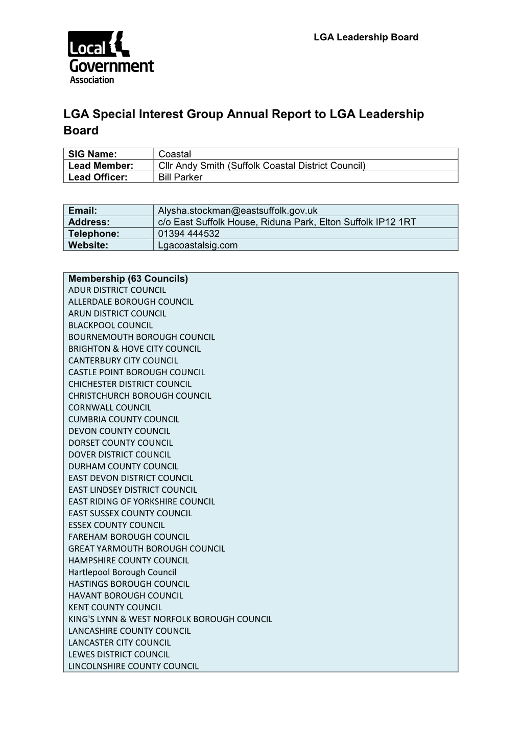 LGA Special Interest Group Annual Report to LGA Leadership Board