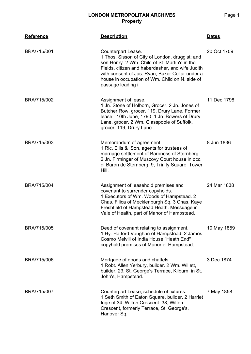 LONDON METROPOLITAN ARCHIVES Property BRA/715 Page