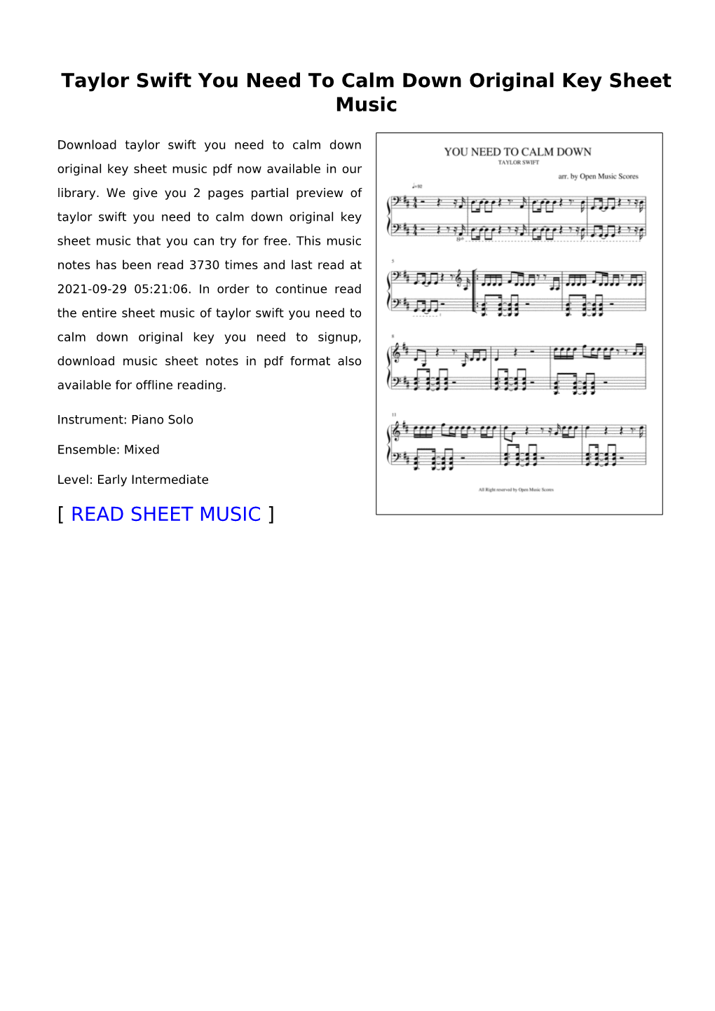 Taylor Swift You Need to Calm Down Original Key Sheet Music