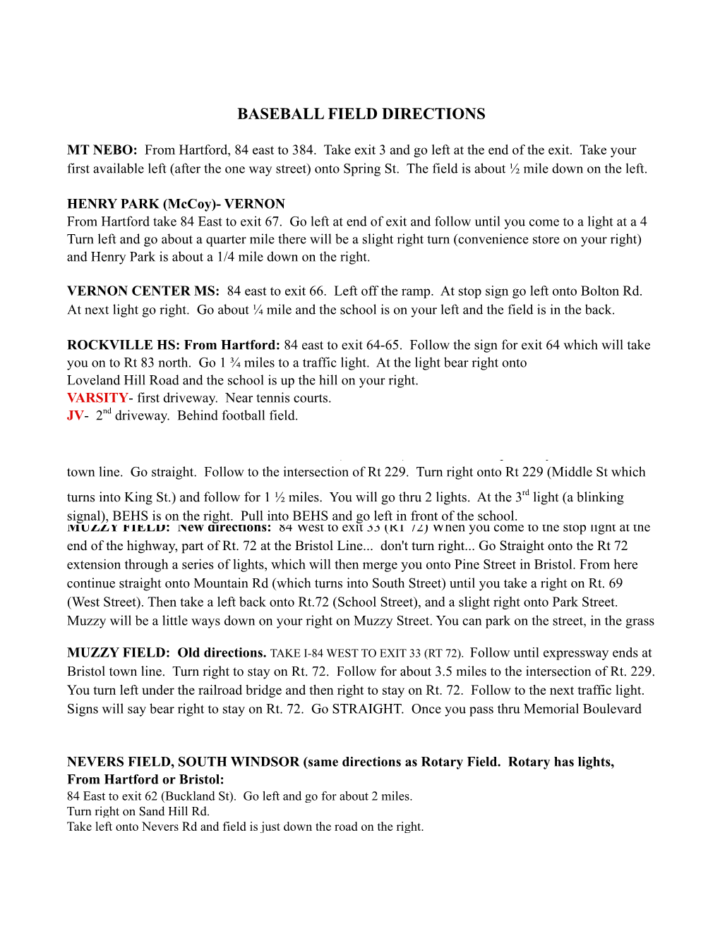 Baseball Field Directions