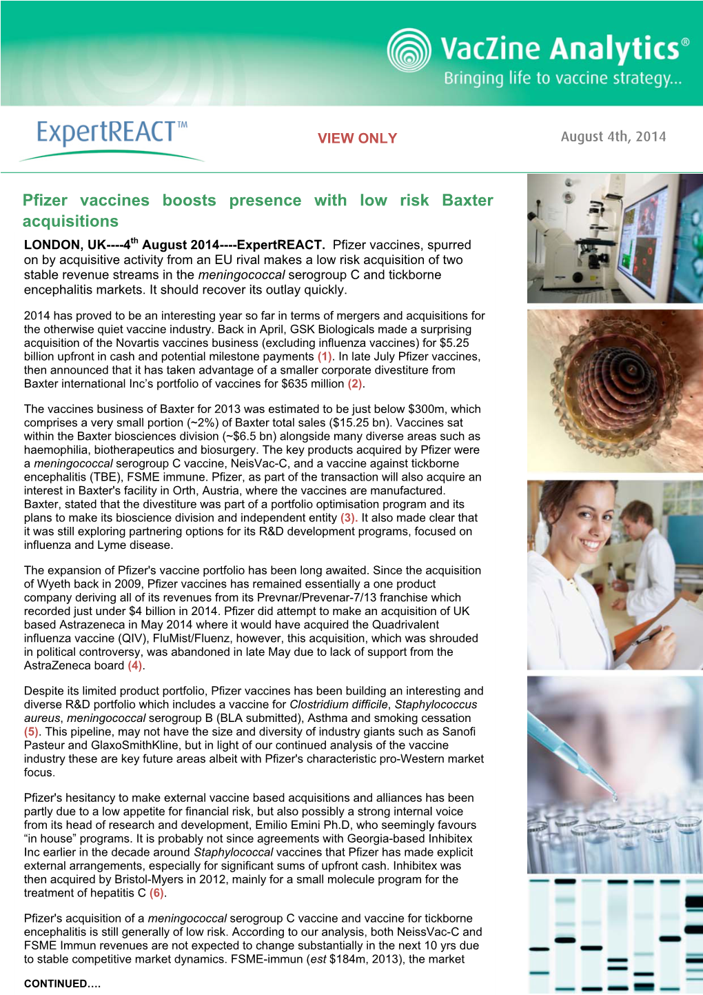 Pfizer Vaccines Boosts Presence with Low Risk Baxter Acquisitions LONDON, UK----4Th August 2014----Expertreact