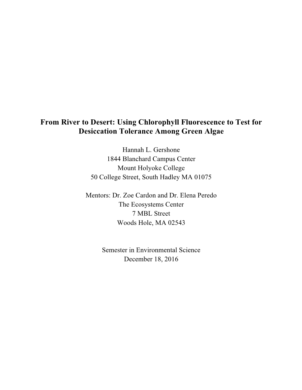 Using Chlorophyll Fluorescence to Test for Desiccation Tolerance Among Green Algae