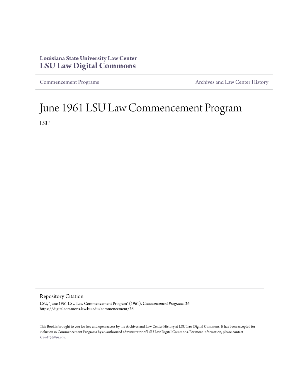 June 1961 LSU Law Commencement Program LSU